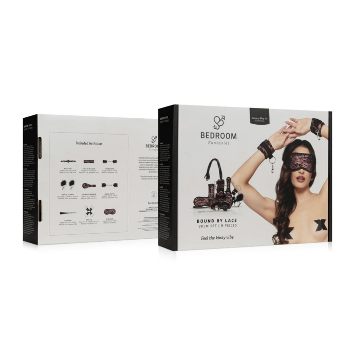Zestaw do BDSM - Bound by Lace, 8 elementów, koronkowe kajdanki, czarny kolor