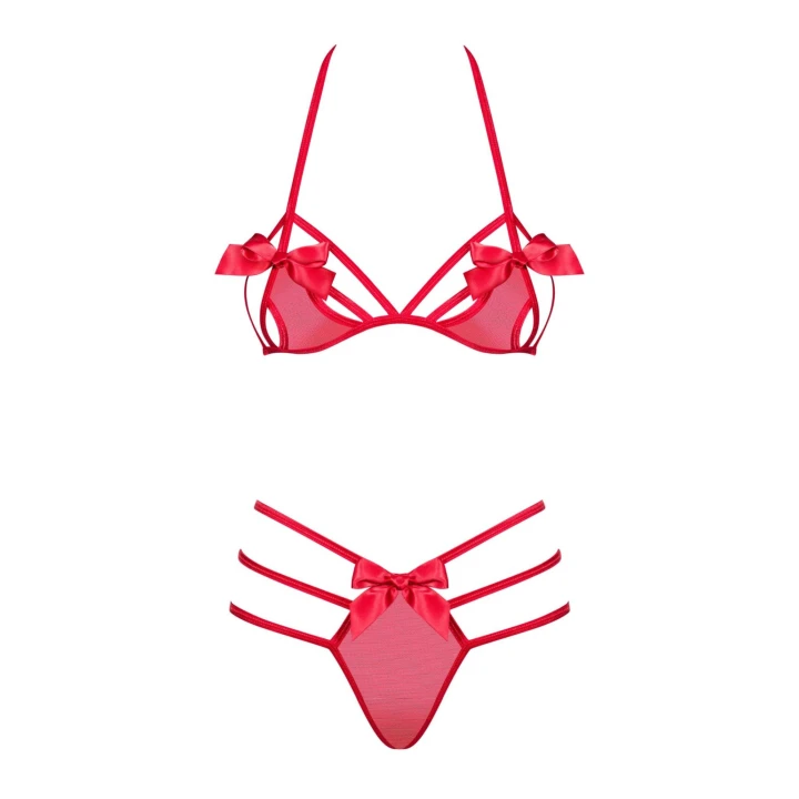 Komplet bielizny OBSESSIVE Giftella 2-częściowy czerwony L/XL, biustonosz wiązany, stringi z paskami