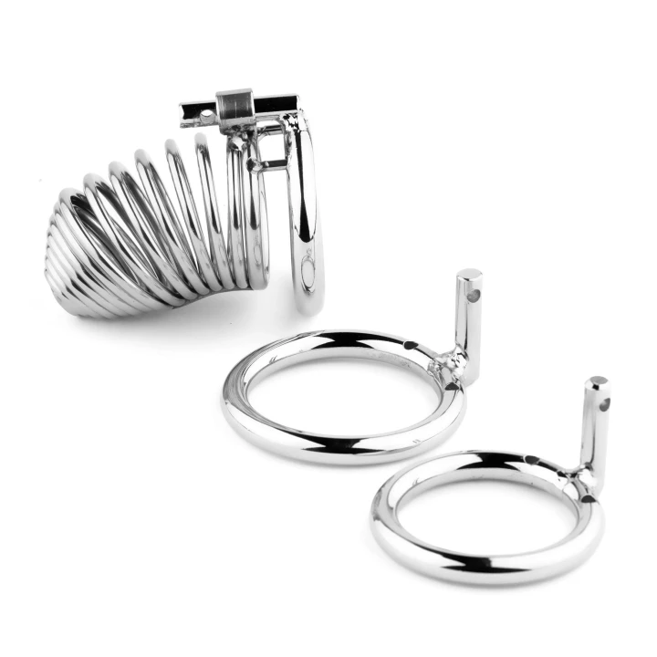 Klatka na penisa Metal Series - stal nierdzewna, spiralna konstrukcja, 3 rozmiary pierścieni