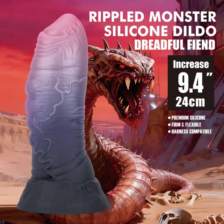 Dildo Monster Dreadful Fiend - 24 cm, silikon, tekstura mackowata, przyssawka