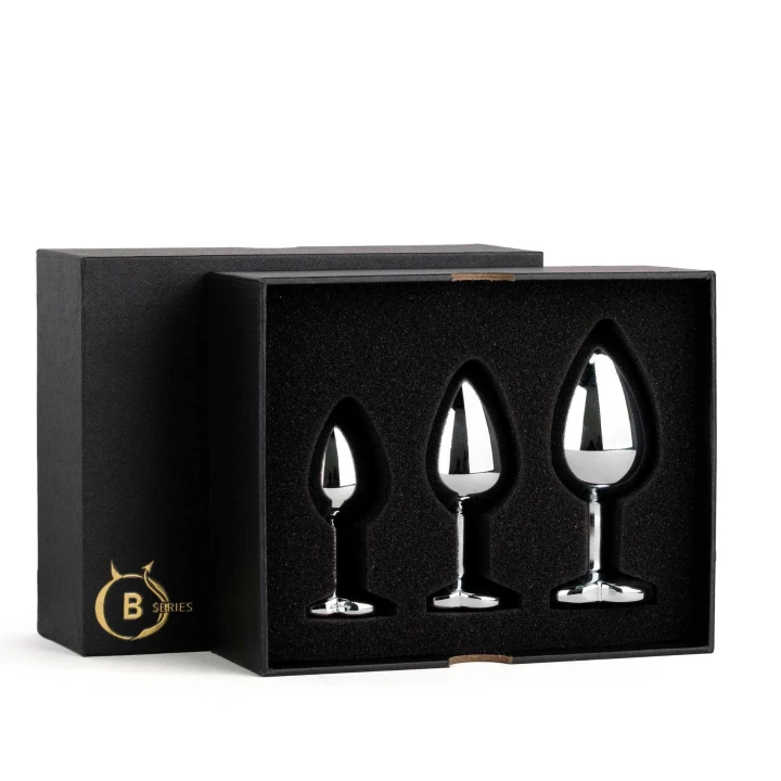 Plug anal z biżuterią Silver Heart – zestaw 3 rozmiary, stal nierdzewna, kryształy