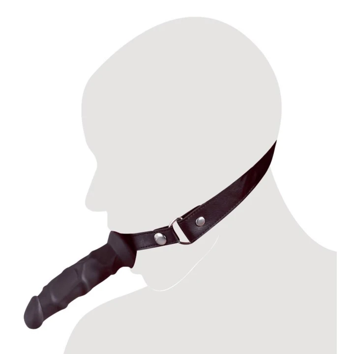 Knebel ustny z dildo, regulowane paski, poliuretan/silikon, 12 cm długości