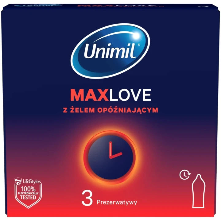 Prezerwatywy Unimil MAX LOVE, 54 mm, żel z benzokainą 4,5%, 3 szt.
