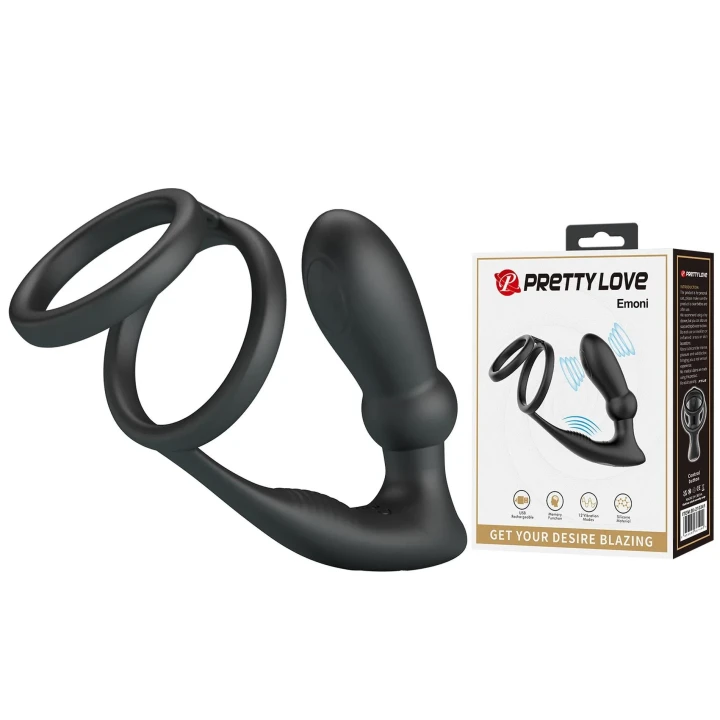 Pierścień erekcyjny z wibrującym korkiem analnym EMONI - 12 trybów wibracji, silikon, USB
