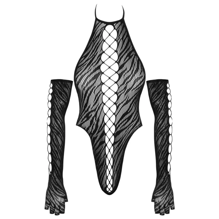 Body Set COTTELLI LINGERIE - Zmysłowe Tygrysie Paski, Halterneck, Długie Rękawiczki