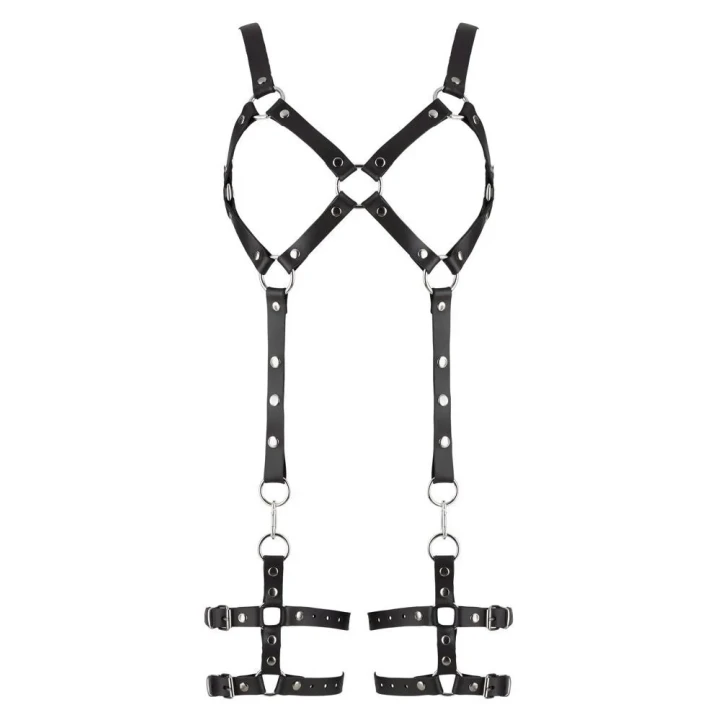 Szelki skórzane S/M - Spaltleder, odpinane mankiety, metal chromowany