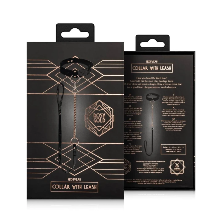 Obroża ze smyczą Rosy Gold - czarna, sztuczna skóra, odczepiana smycz