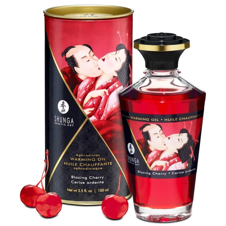 Olej Warming - Shunga Blazing Cherry, 100 ml, aromat wiśni, efekt rozgrzewający