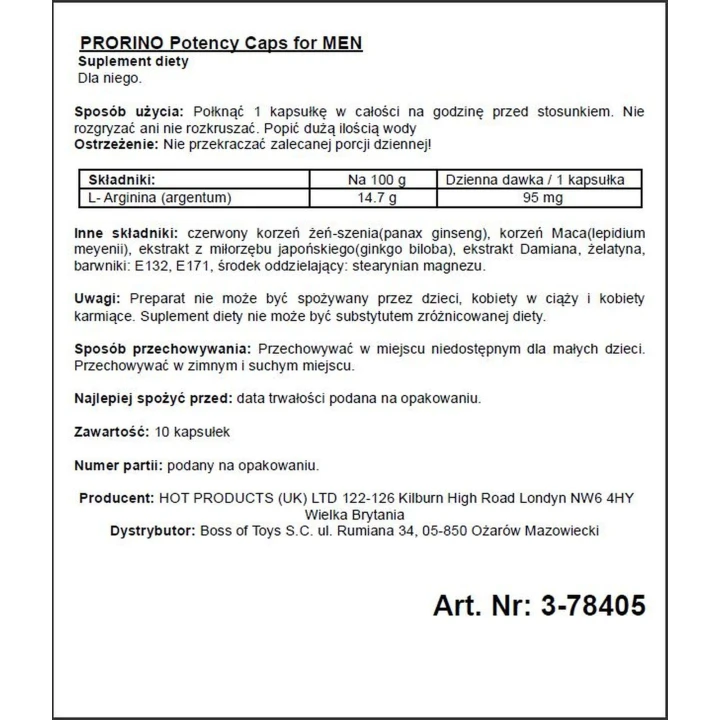 Kapsułki na potencję Prorino Men - 10 sztuk, zawiera L-argininę i żeń-szeń