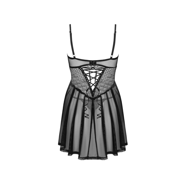Babydoll i stringi OBSESSIVE, czarny materiał, regulowane ramiączka, koronka