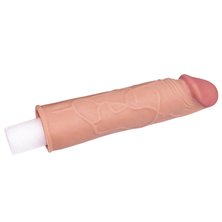 Rękaw powiększający penisa Pleasure X, 1 cal dłuższy, realistyczny, brązowy TPE