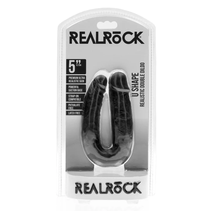 Dildo podwójne U kształt RealRock 12,7 cm, realistyczne żyłki, PVC, czarne