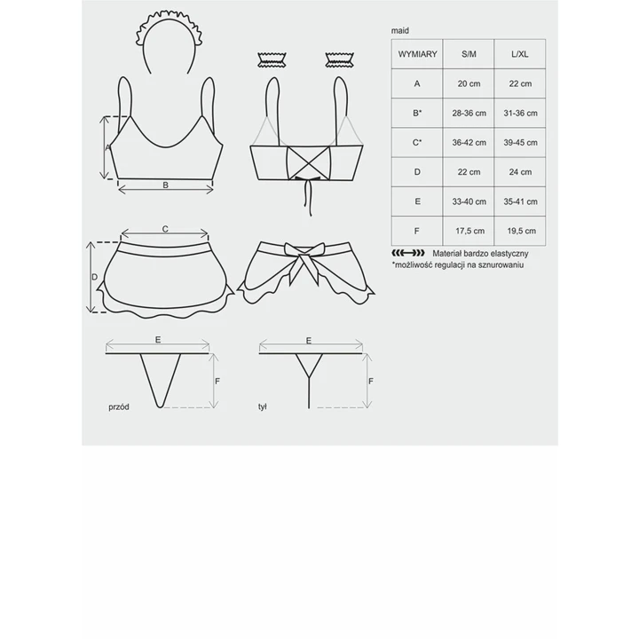 Kostium pokojówki Bielizna-Maid, S/M, sznurowany z tyłu, koronkowe detale