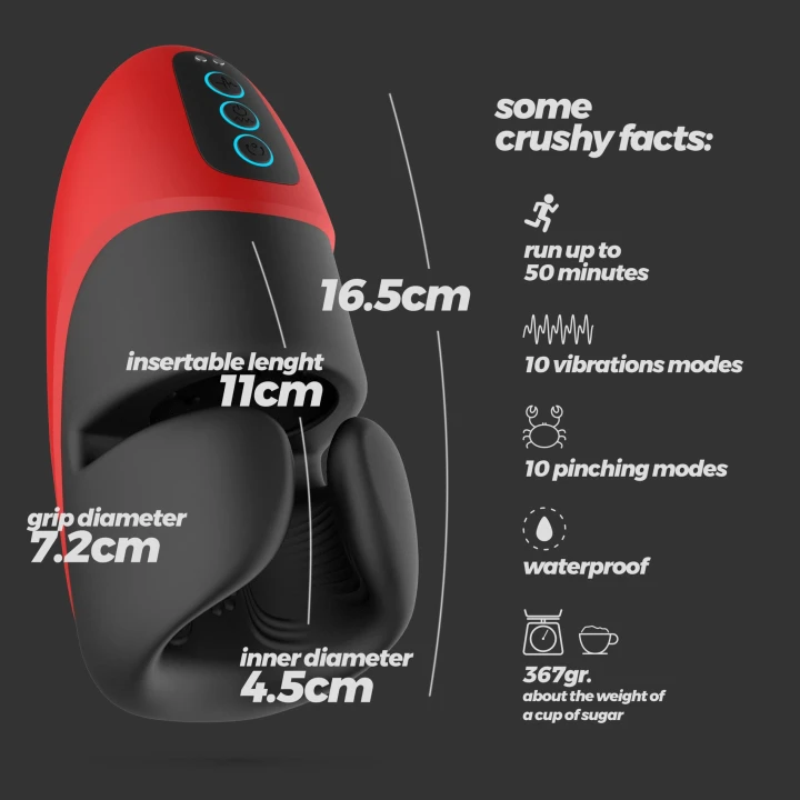 Masturbator Rechargeable Crushious Pancho z 10 trybami wibracji, długość 16,5 cm