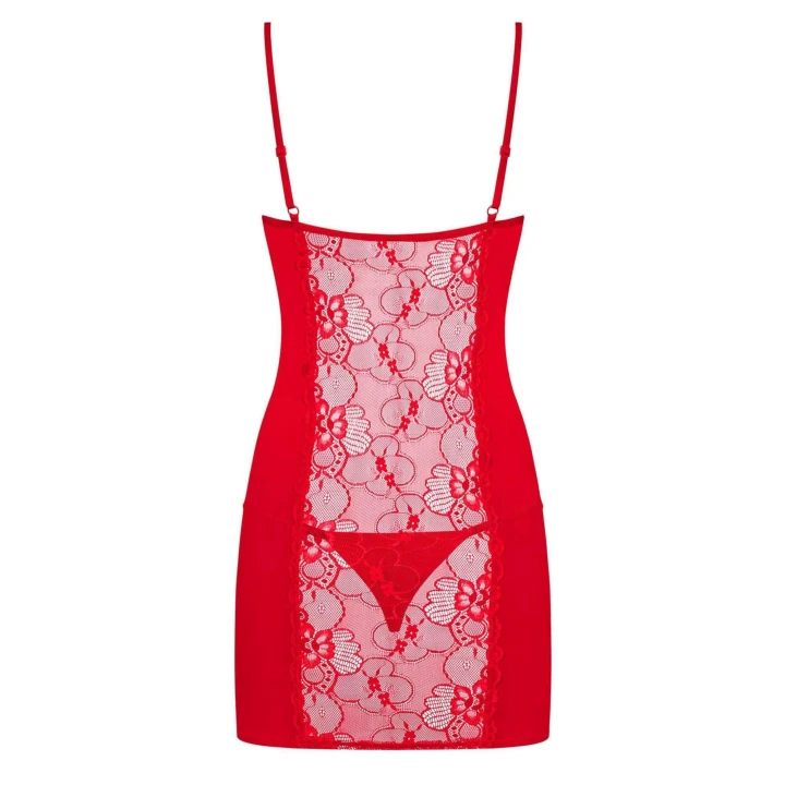 Koszulka nocna OBSESSIVE Heartina - czerwona, koronka, regulowane szelki, stringi w zestawie