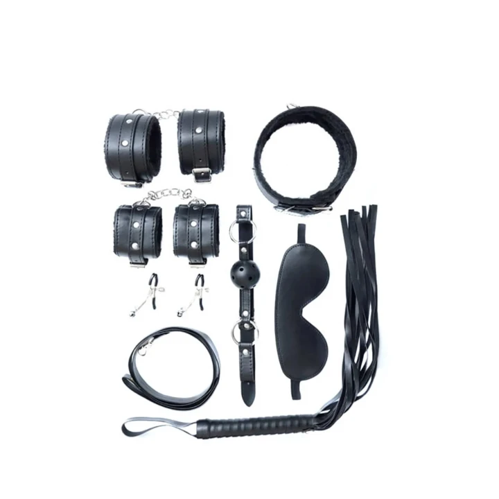 Zestaw BDSM 7 elementów - PVC, miękki plusz, metalowe okuć, dla początkujących i zaawansowanych