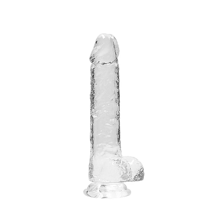Dildo 8" REALROCK CRYSTAL CLEAR, realistyczne jądra, przyssawka, wodoodporne
