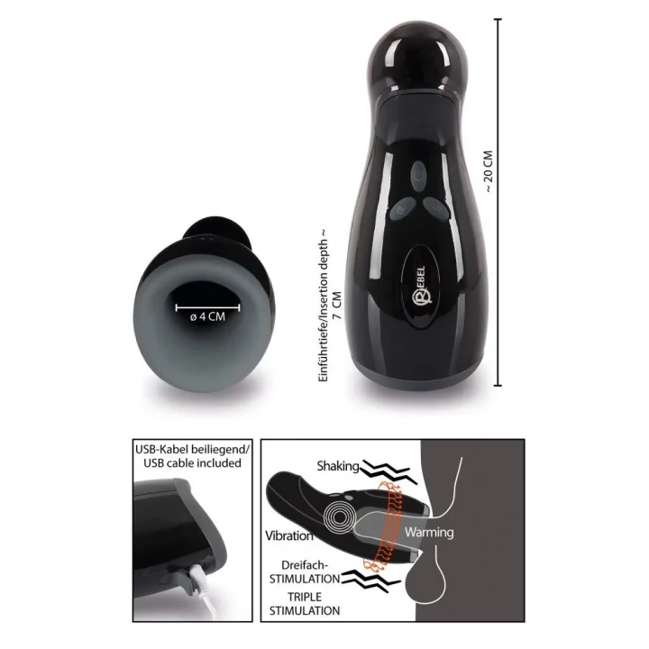 Masturbator Rebel - silikonowy, 3 funkcje: wibracje, ogrzewanie, ruch 7 prędkości