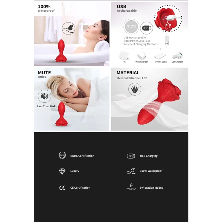 Wibrator analny Rosenberg Red, silikonowy, 9 trybów wibracji, wodoodporny