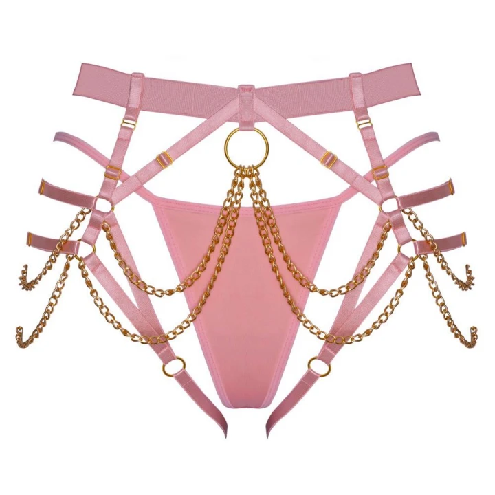 Uprząż string Bad Kitty, różowa, elastyczna, z łańcuszkami S-L