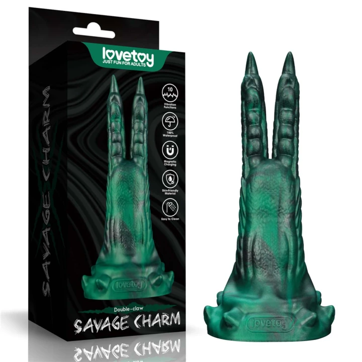 Dildo savage, podwójny pazur, wibrujący, silikon premium, 19cm długości