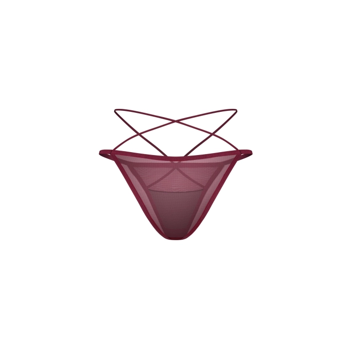 Mini figi damskie OBSESSIVE, transparentny mesh, krzyżujące paski, czarno-bordowe