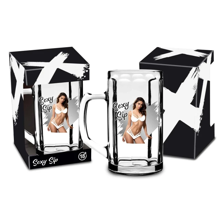 Kufel szklany 500ml Sexy Sip - humorystyczny nadruk, eleganckie opakowanie 18+