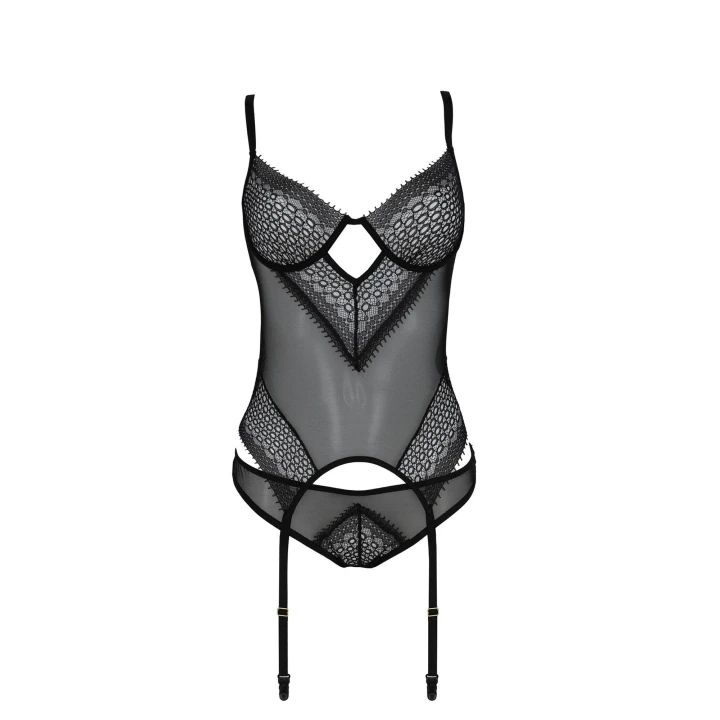 Gorset CASMIR Denerys - czarny tiul, koronki, rozmiar S/M, komplet z stringami