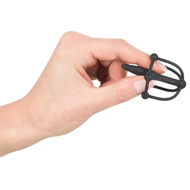 Dylator silikonowy z klatką na żołądź, elastyczny, długość 5,7 cm, średnica 0,6-0,8 cm