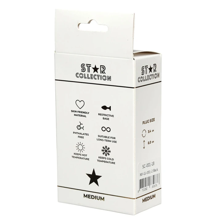 Korek analny M – Star Collection, czarny z jasnoniebieskim kamieniem, 3,5 x 8,5 cm