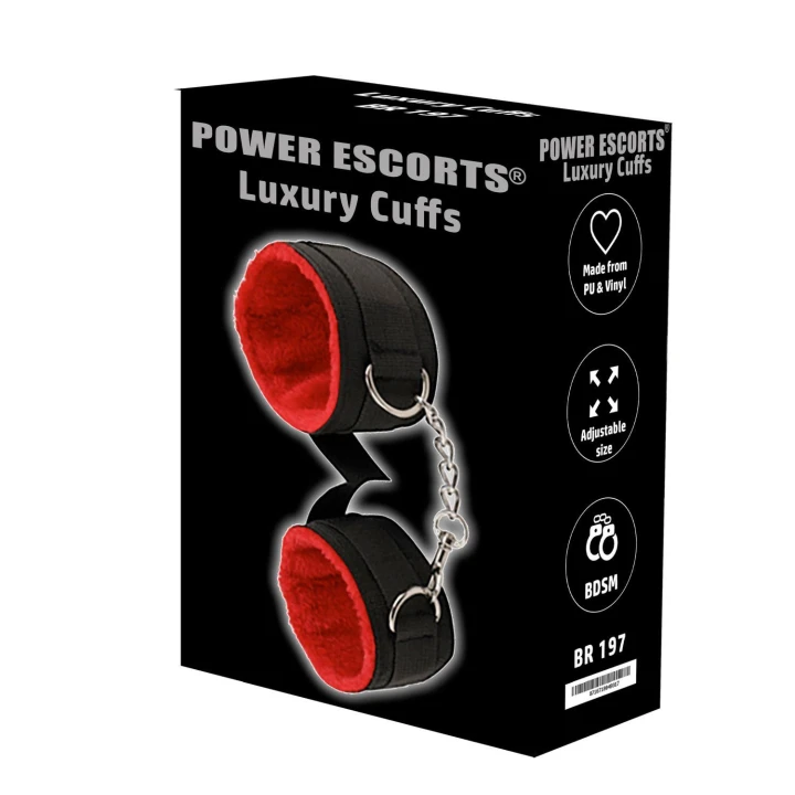 Mankiety BDSM BR197 Power Escorts – regulowane, czarno-czerwone, metalowy łańcuszek