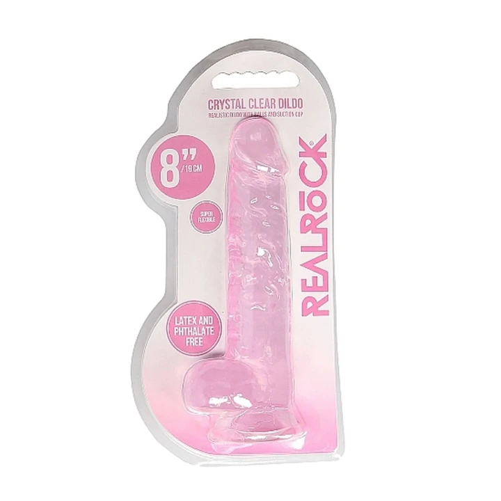 Dildo REALROCK CRYSTAL CLEAR 21 cm, realistyczne jądra, przyssawka, bez ftalanów
