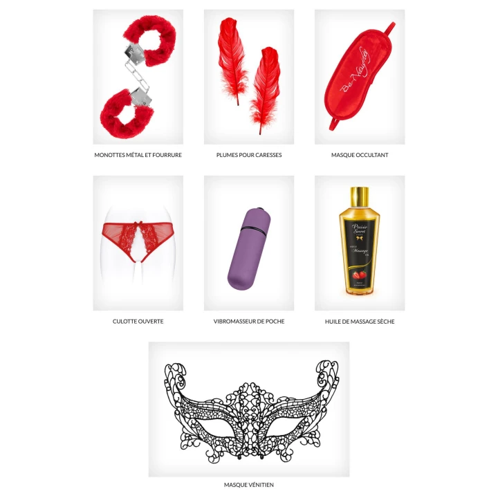 Zestaw BDSM Concorde Pro – Piórko, maska, kajdanki, olejek do masażu, wibrator