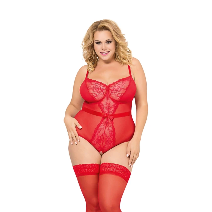 Body erotyczne SOFTLINE COLLECTION Amelia 4XL - czerwone, siateczka, koronka